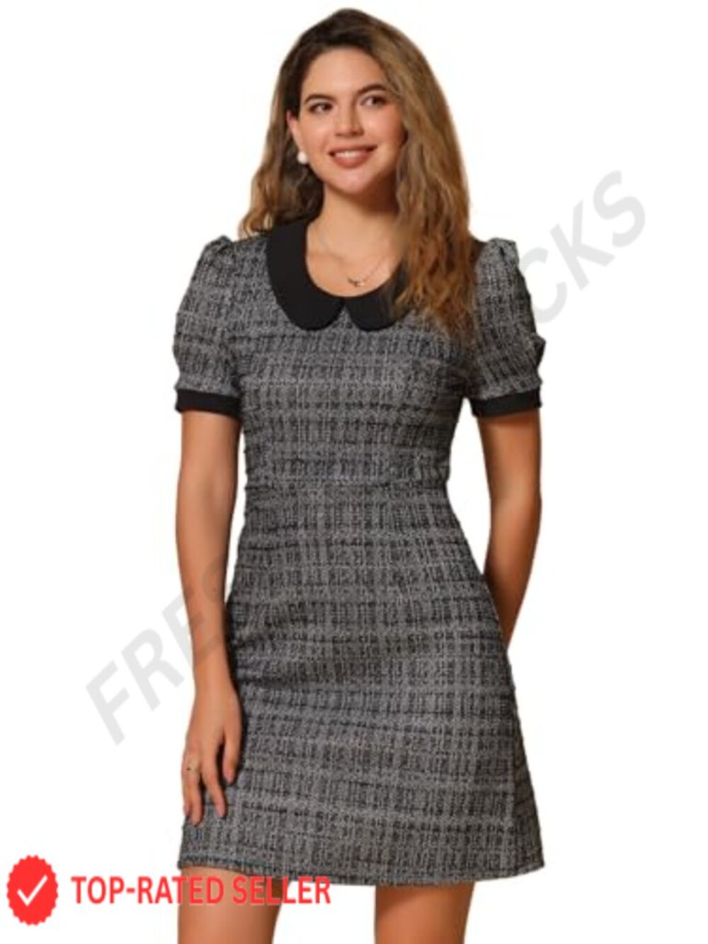 Women's Plaid Tweed Mini Dress Peter Pan Collar A-Line Puff Sleeve Casual